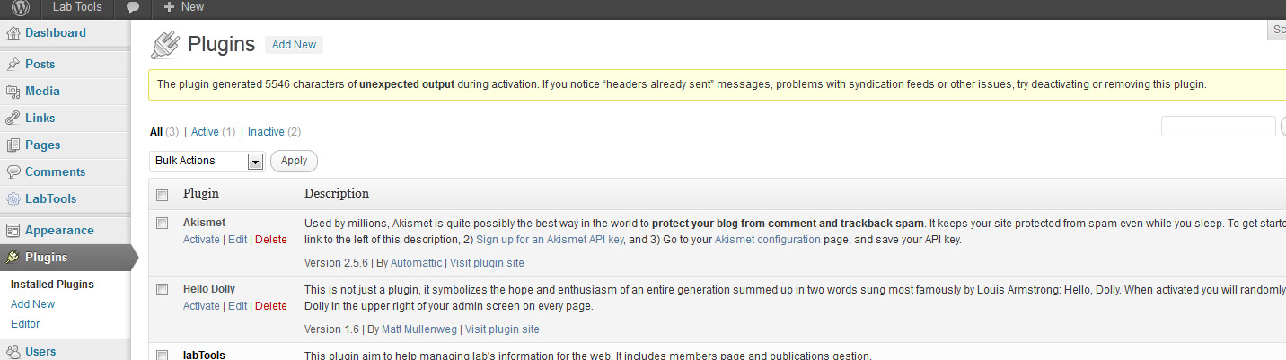 WordPress plugin activation issue